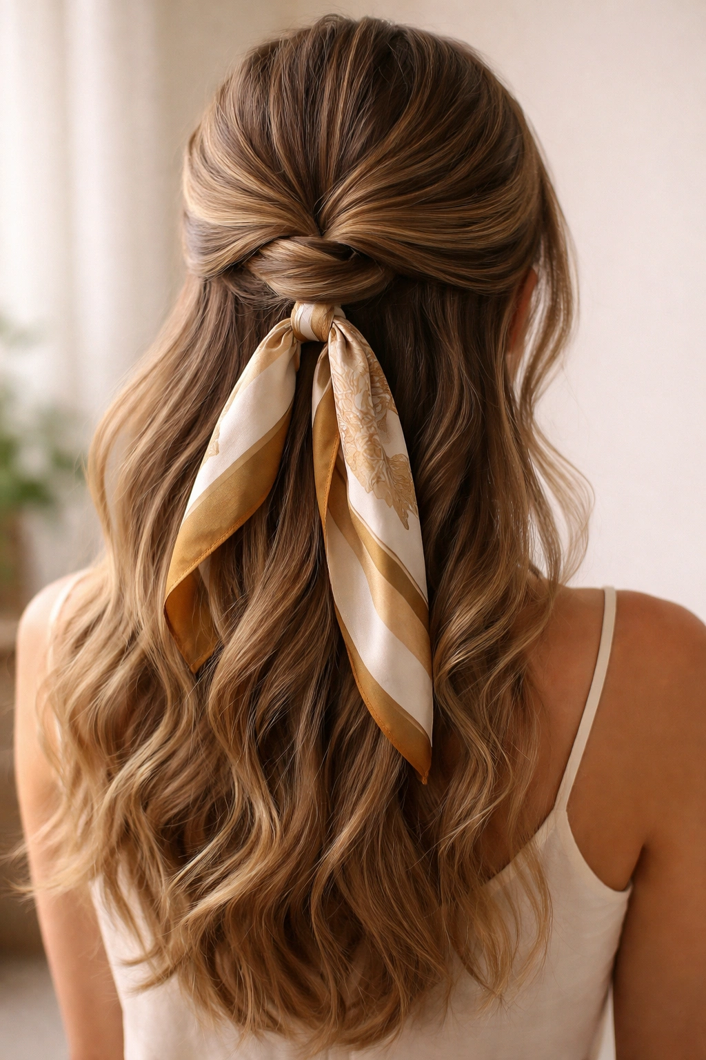 Close-up of The Classic Silk Scarf Twist half-up hairstyle with a silk scarf wrapping the gathered hair