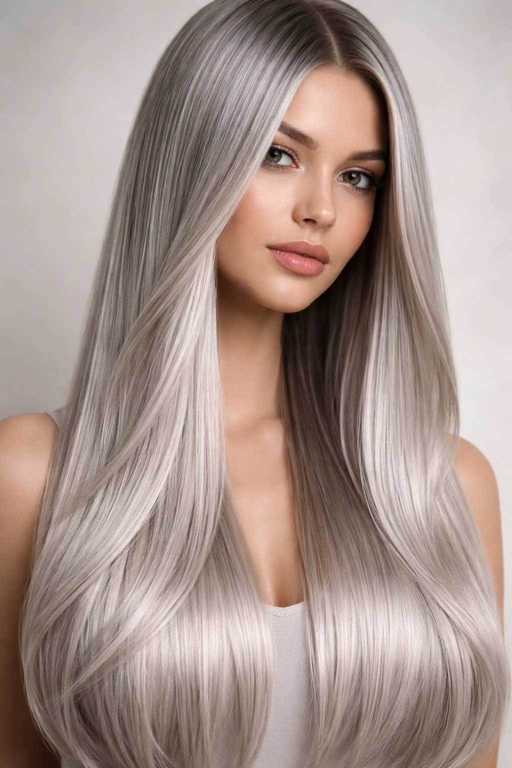 Close-up of straight hair in cool silver ash shade with metallic shine.
