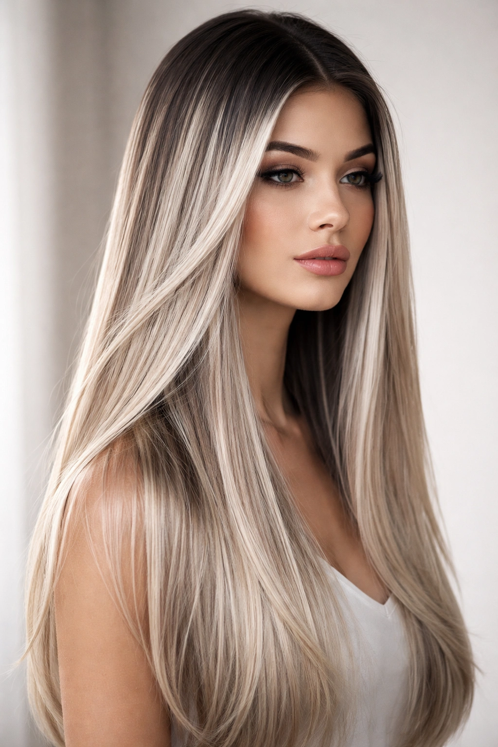 Straight hair with silver-blonde highlights and dark roots.