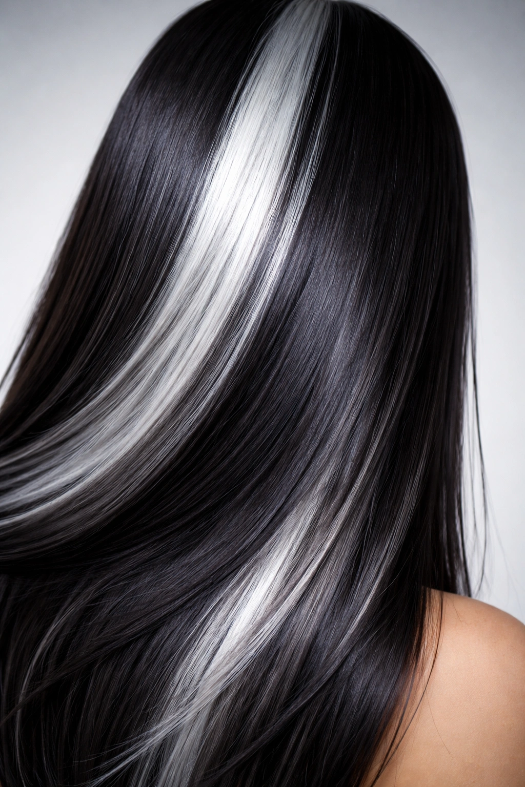 Close-up of straight hair with silver and charcoal skunk stripe