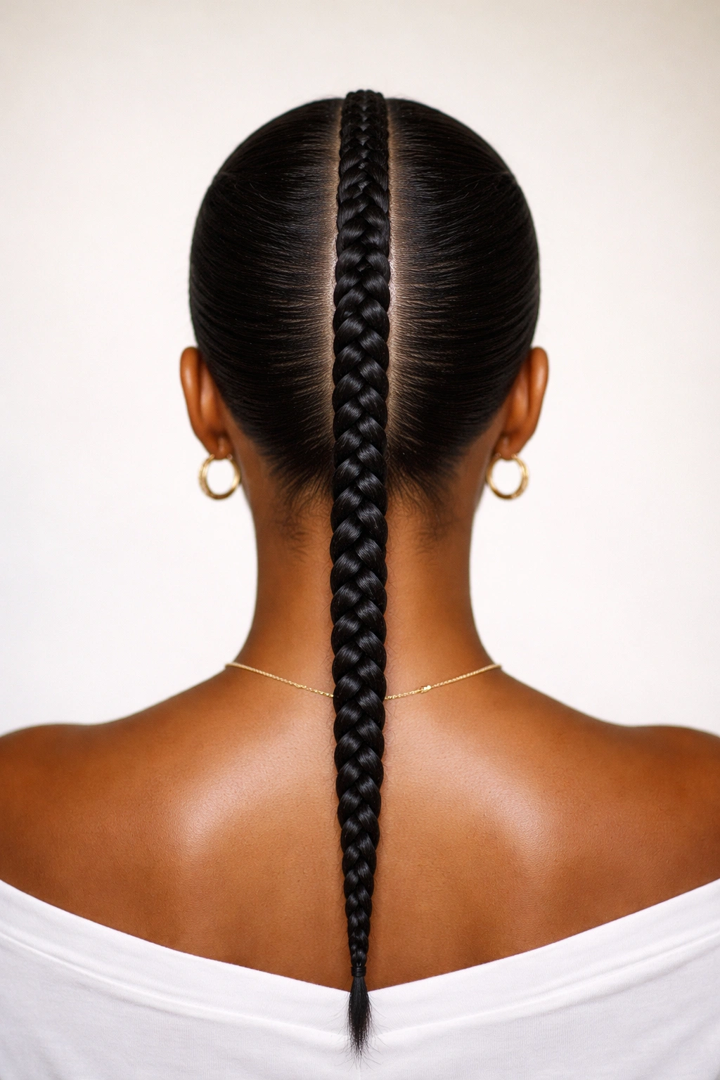 Close-up of a single straight-back cornrow along the center of the scalp on natural hair