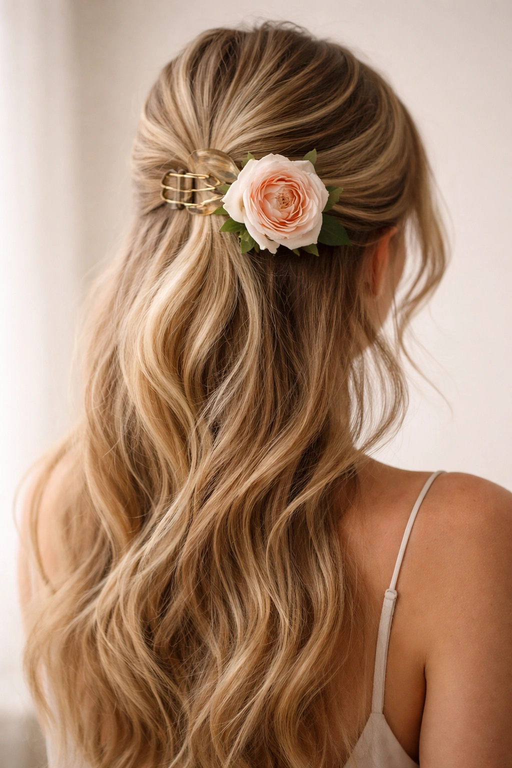 Half-up hairstyle with a single large bloom tucked near the clip