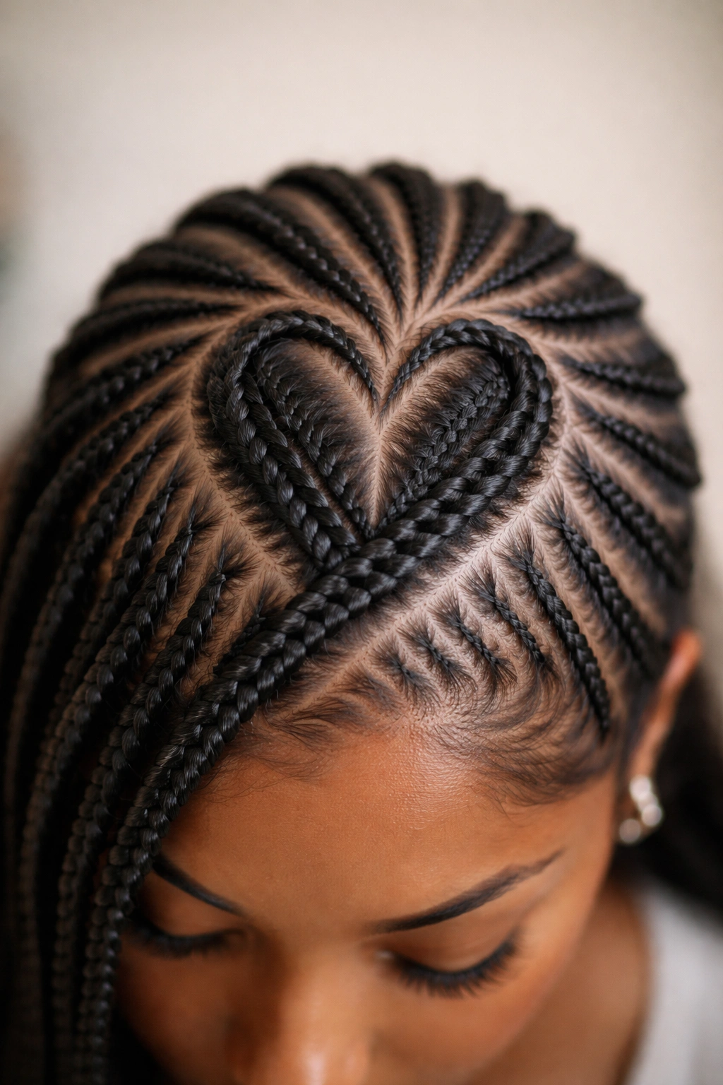 Close-up of scalp with a single heart-shaped cornrow pattern at the crown