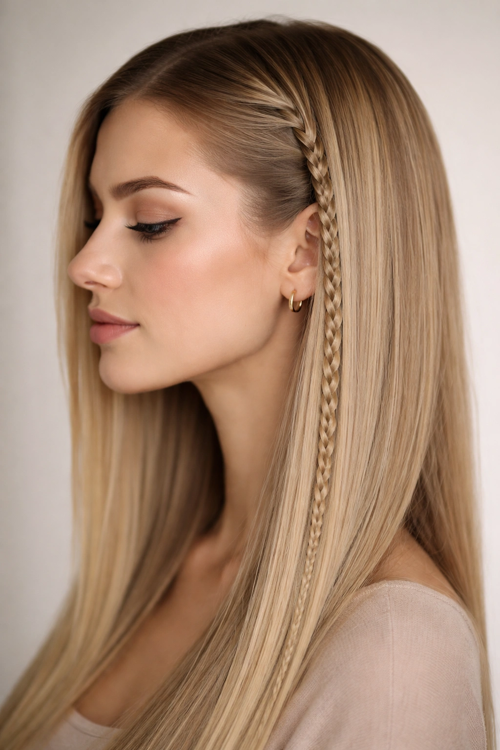 Profile of a single thin side braid along the temple with straight hair
