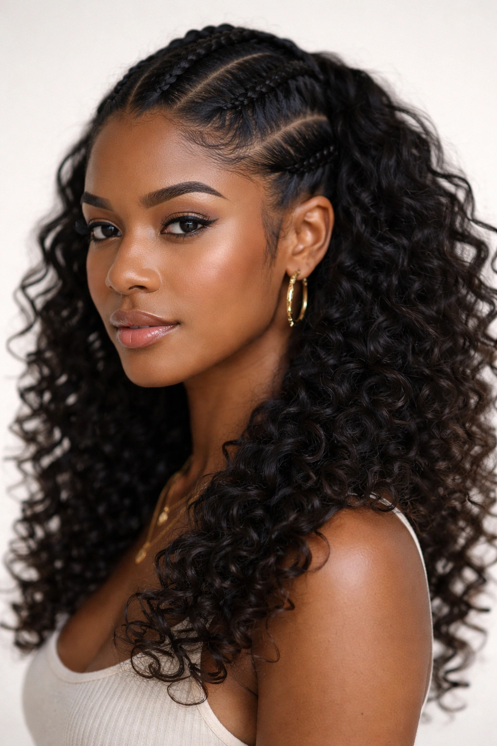 Single central Fulani braid with spiral curls around it