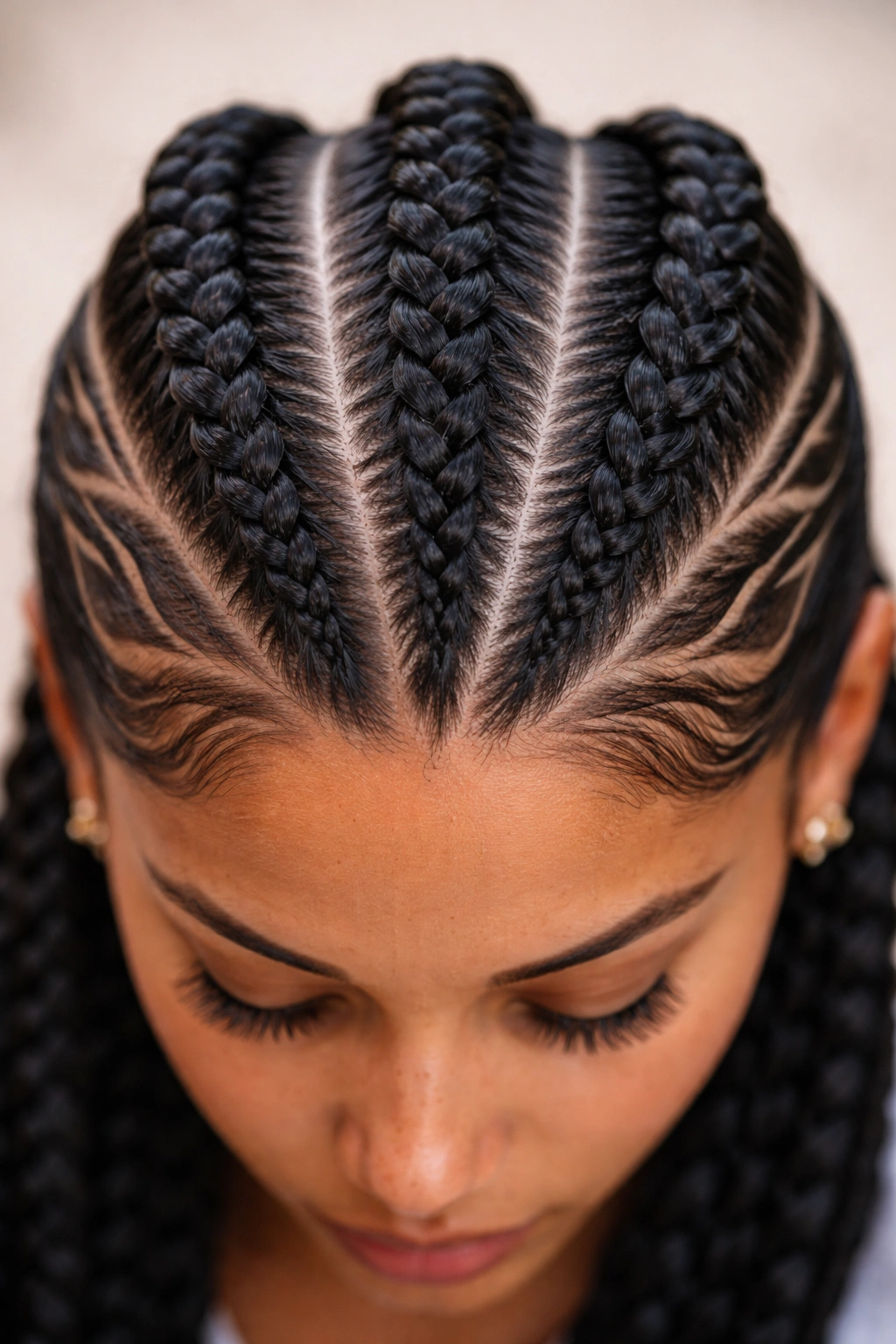 Close-up of three braids with shaved skin patterns between them on the scalp