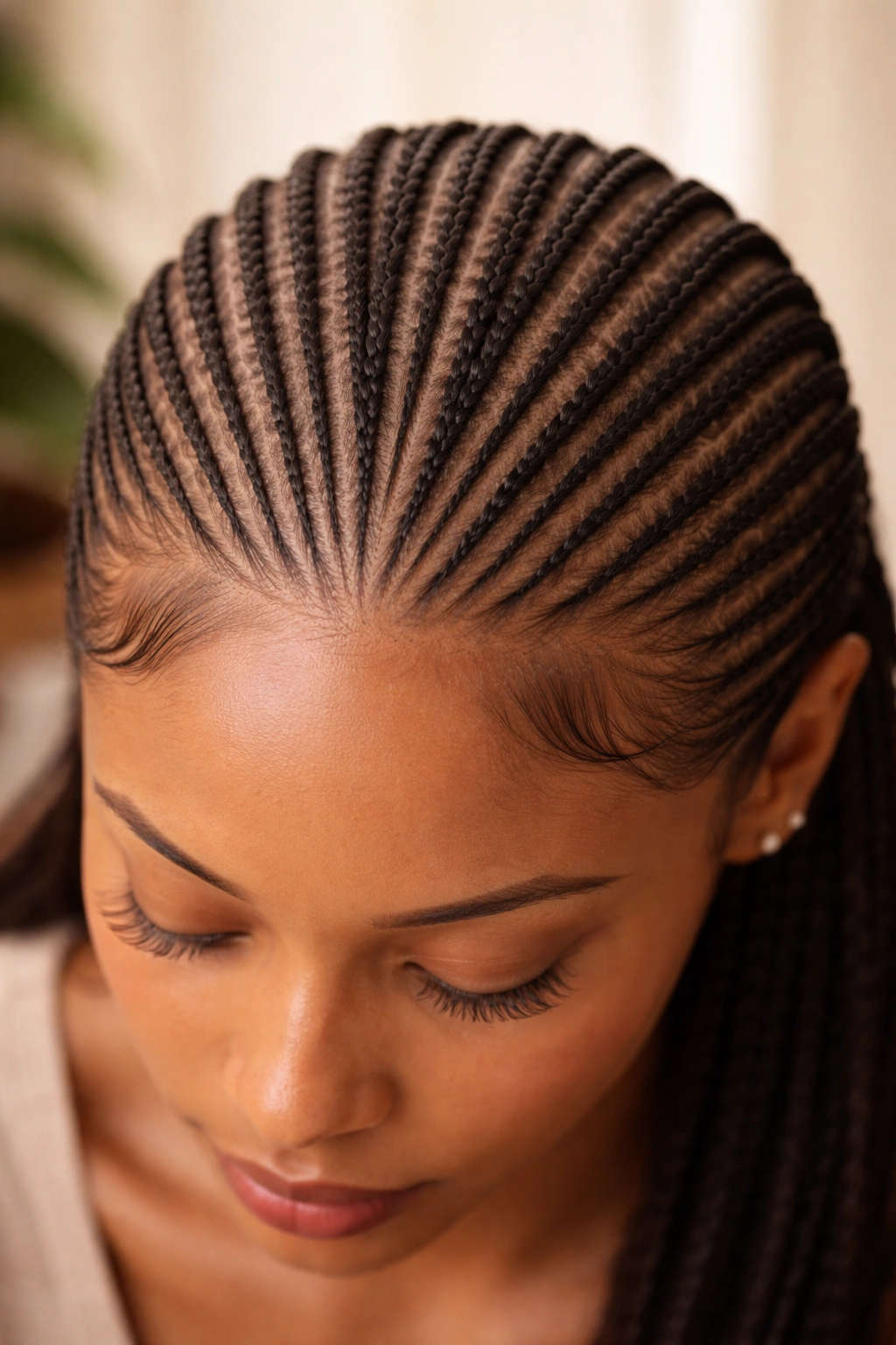 Top-down view of pencil-thin skinny cornrows across the scalp