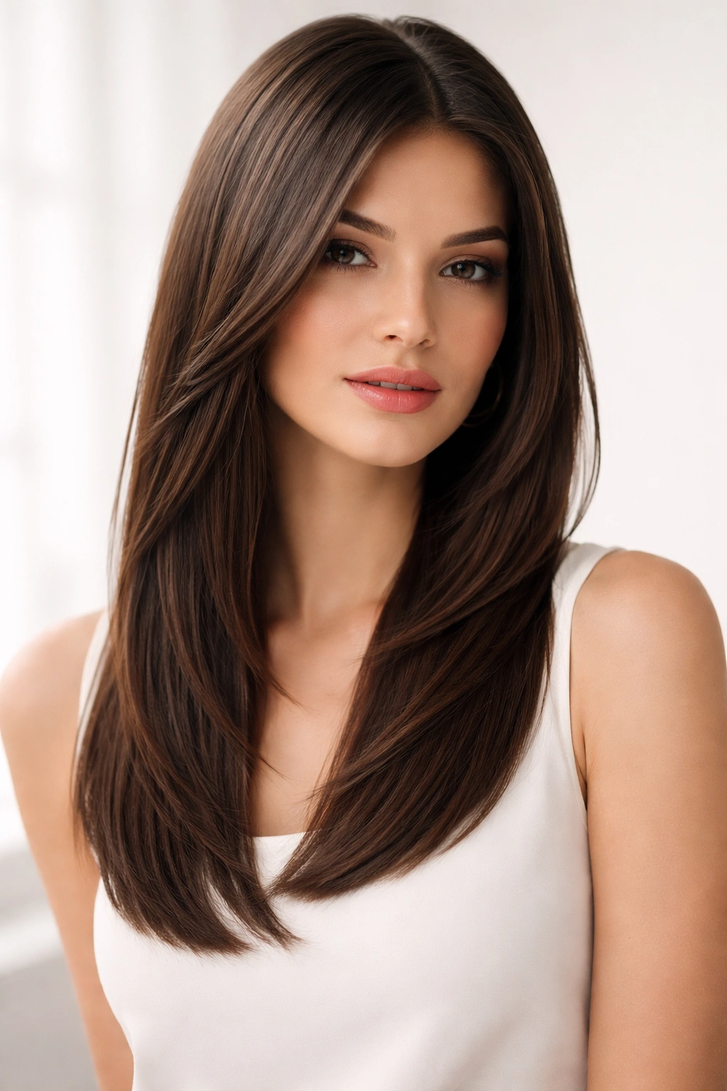 Straight hair with crisp, sleek angled layers from temples back