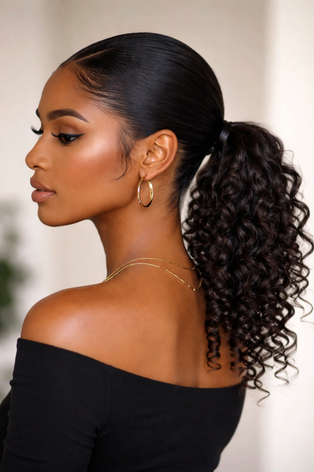 Low sleek ponytail with released curls at the tail creating texture.