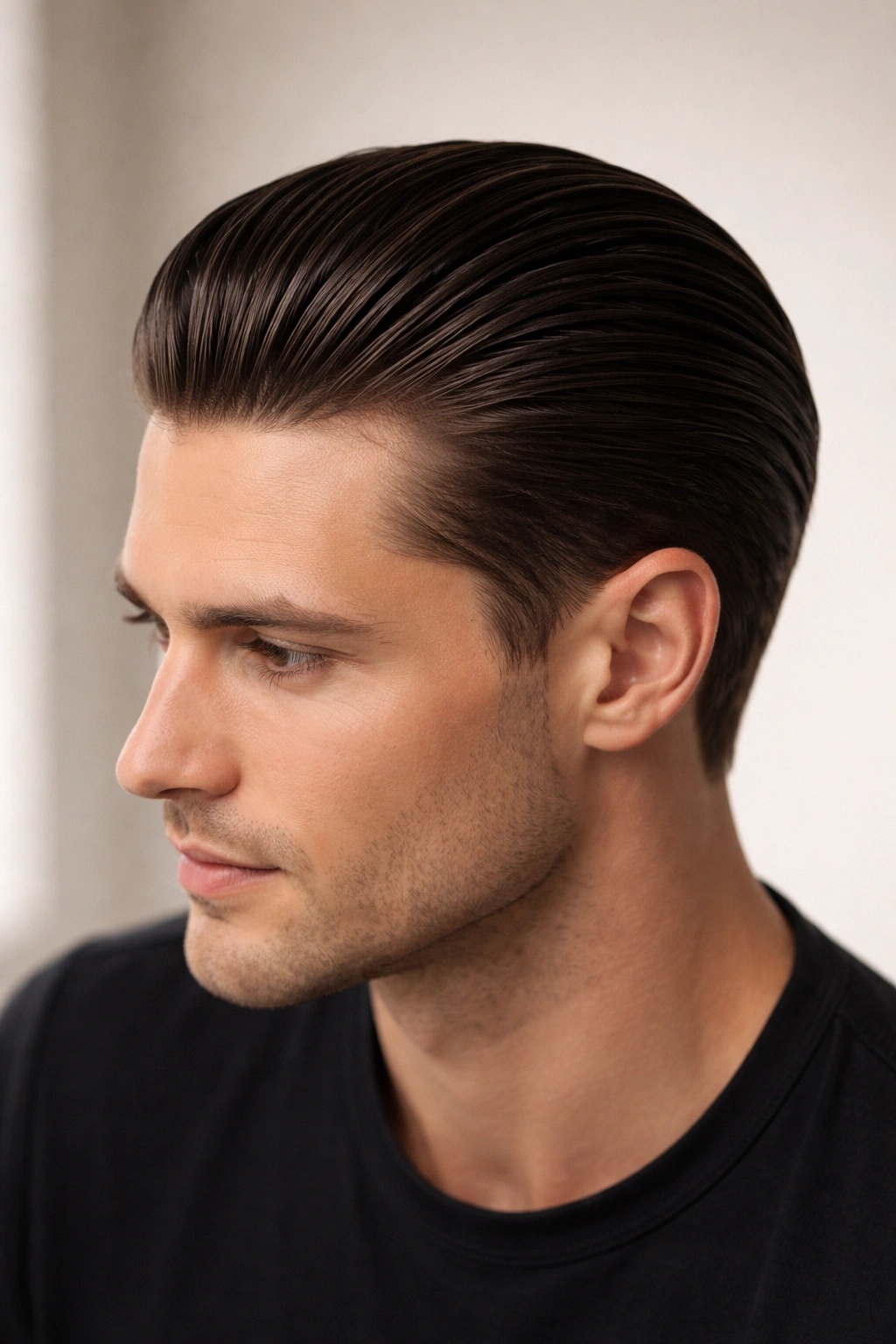 Close-up of straight hair slicked back with a glossy, smooth finish