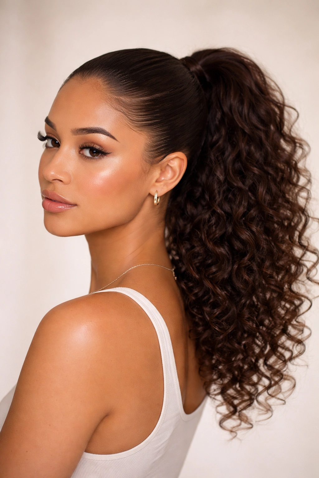 Mid ponytail with sleek base and textured curl ends