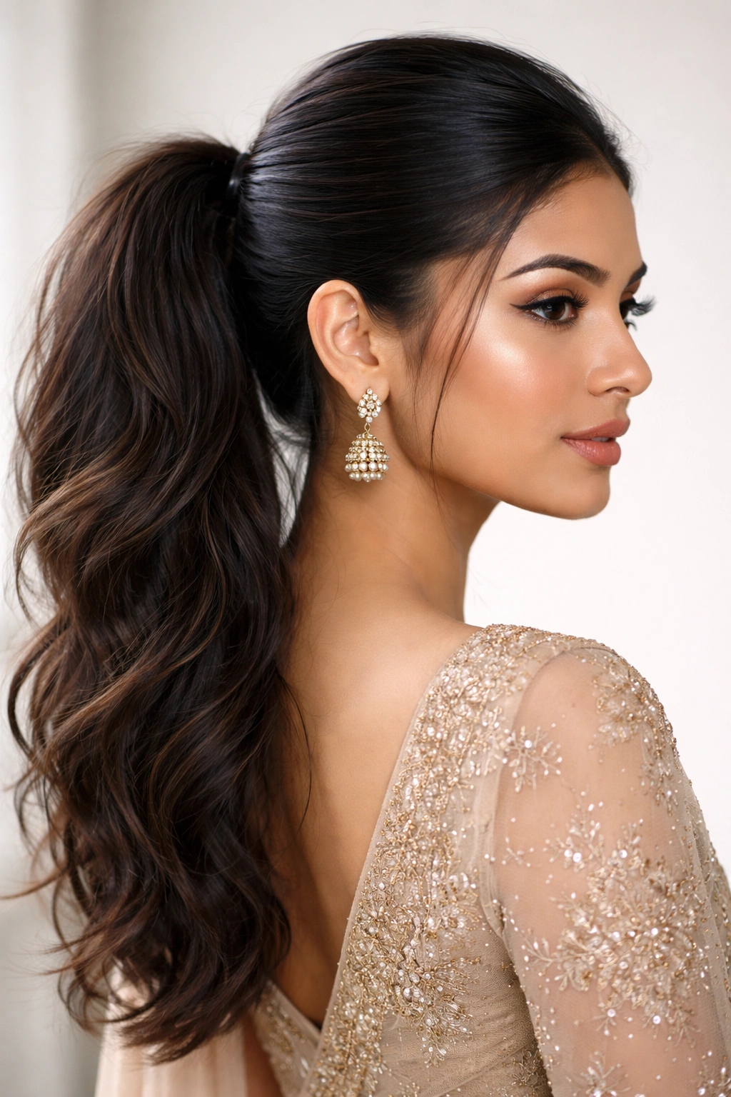 Sleek base with a textured ponytail ends in studio lighting