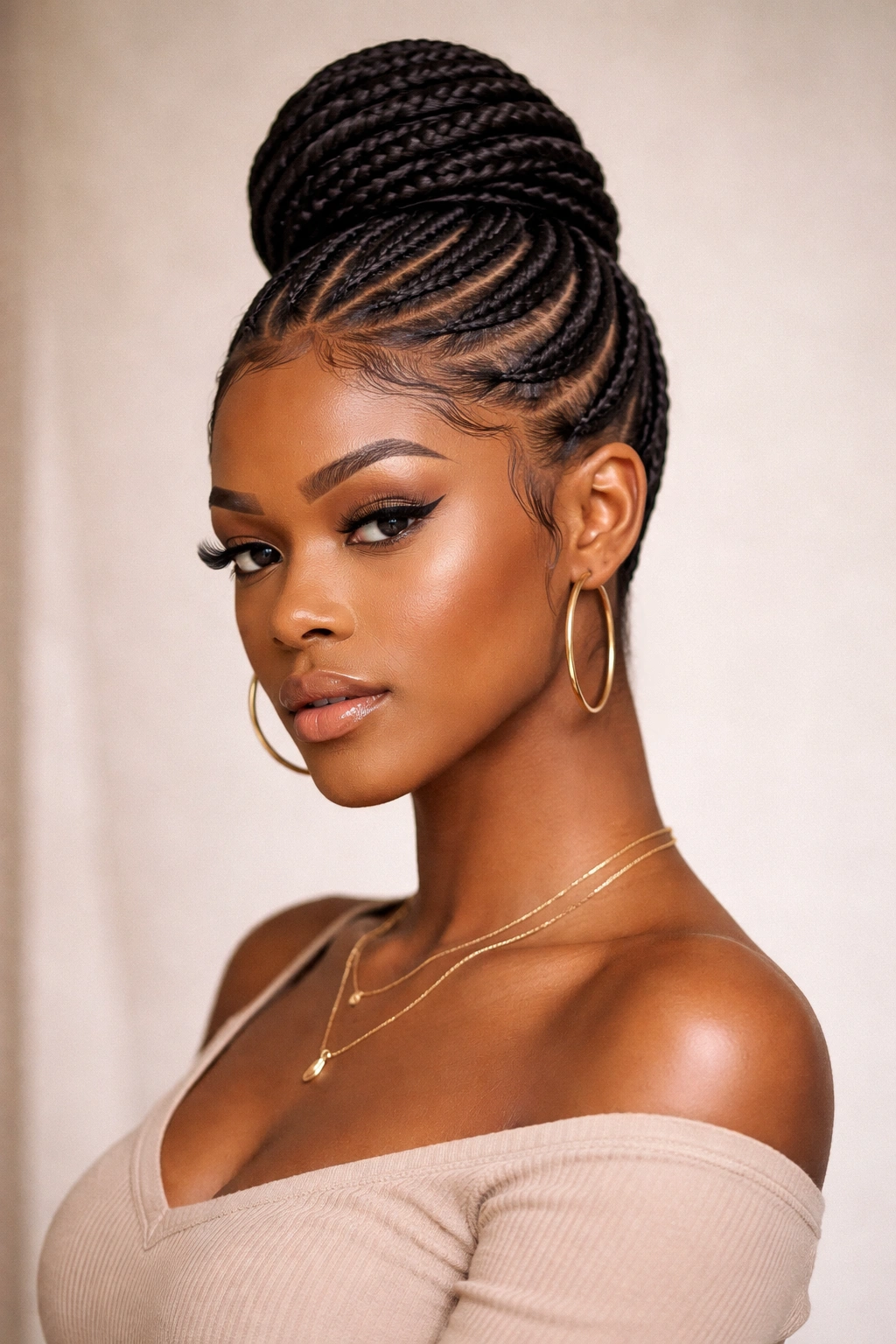 Sleek beehive cornrows with precise, defined edges