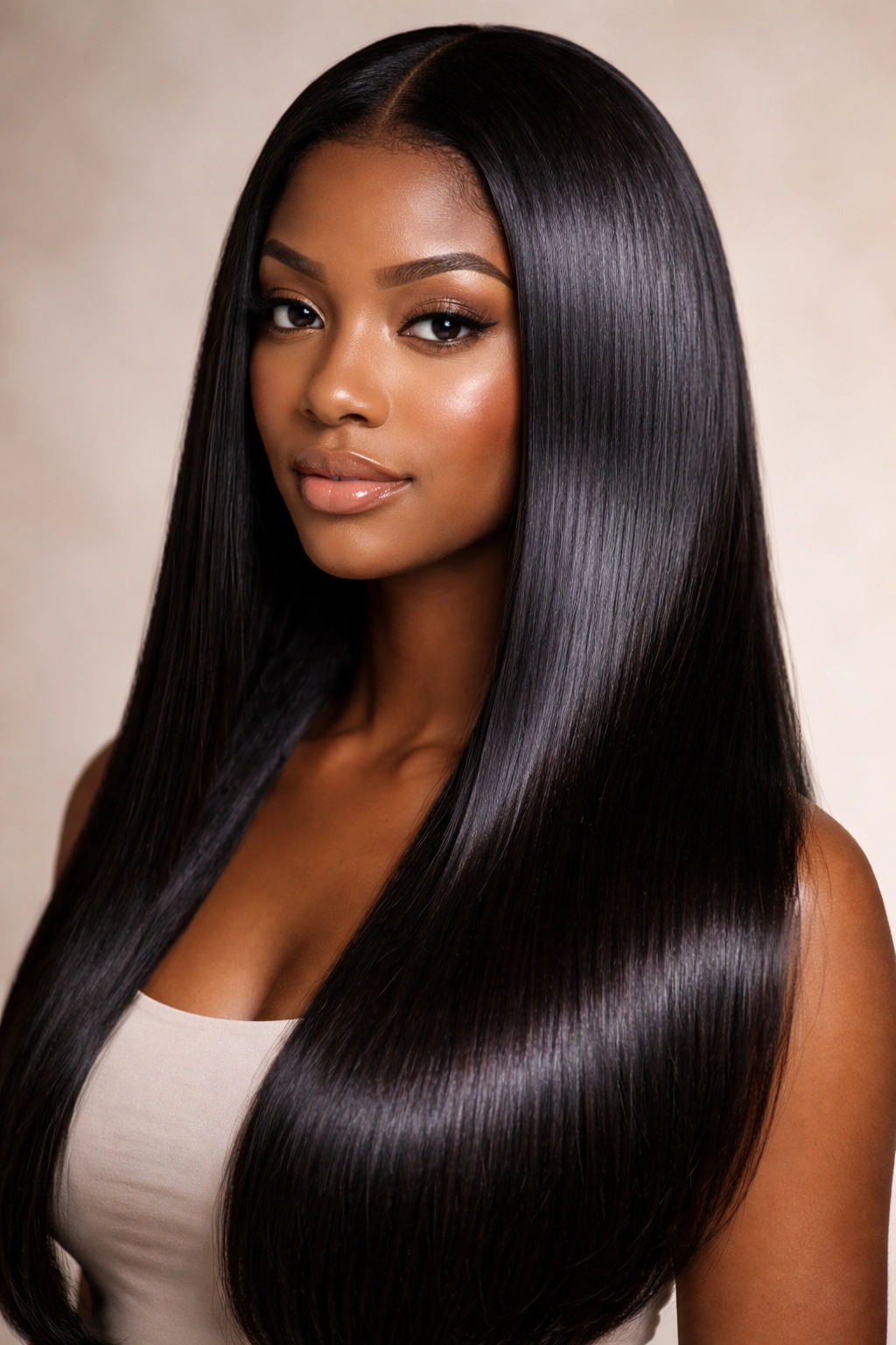 Close-up of glossy straightened 4C hair with downward shine