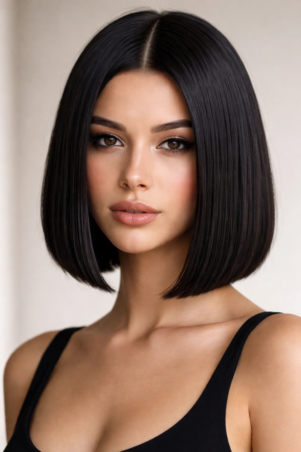 Close-up of sleek jet-black blunt bob with center part and glossy finish