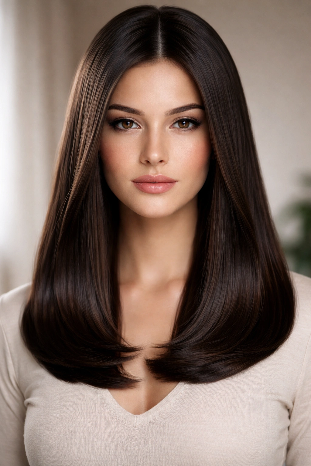 Straight hair with blunt ends curling inward at the tips