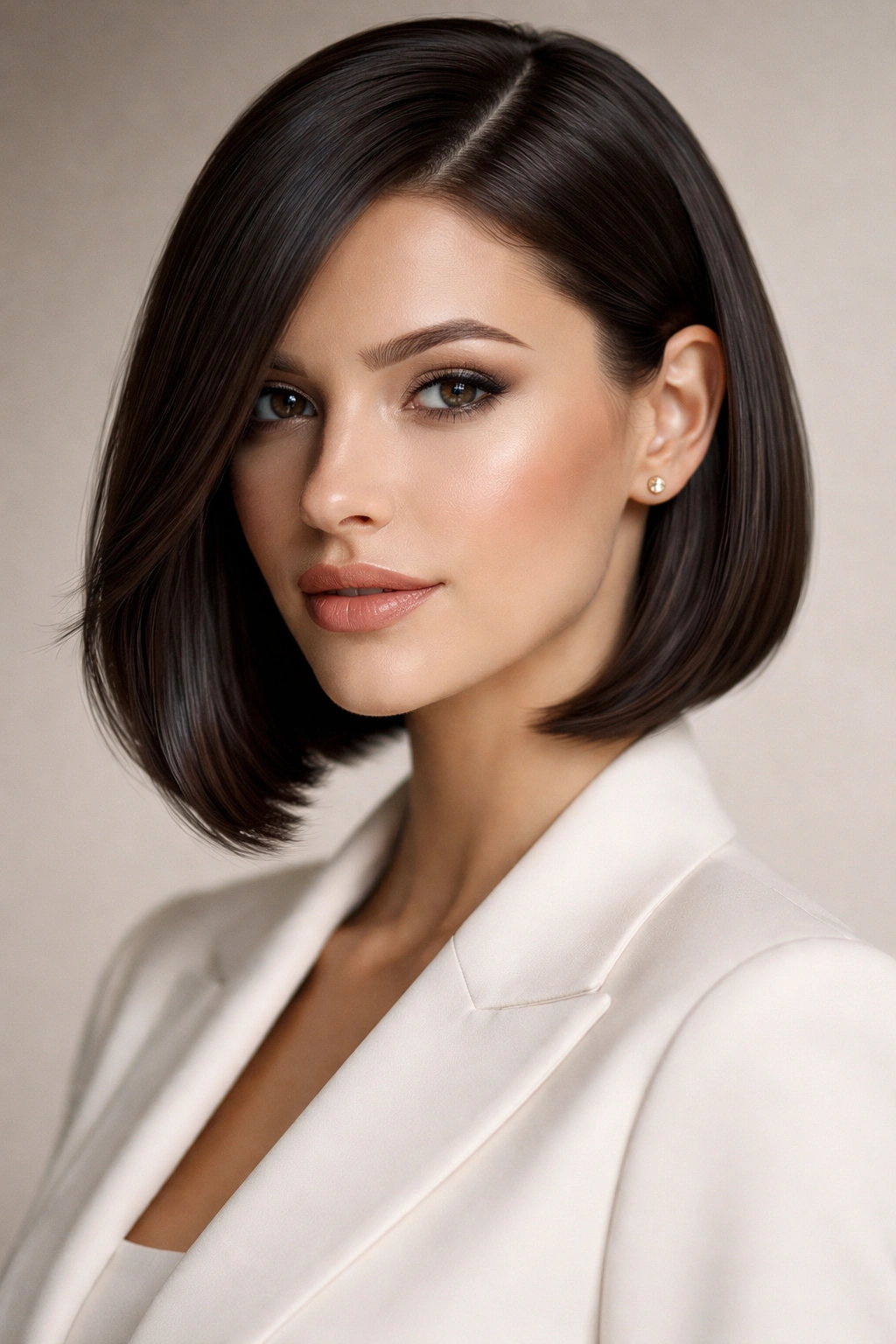 Portrait of sleek bob with strong side part and glossy finish