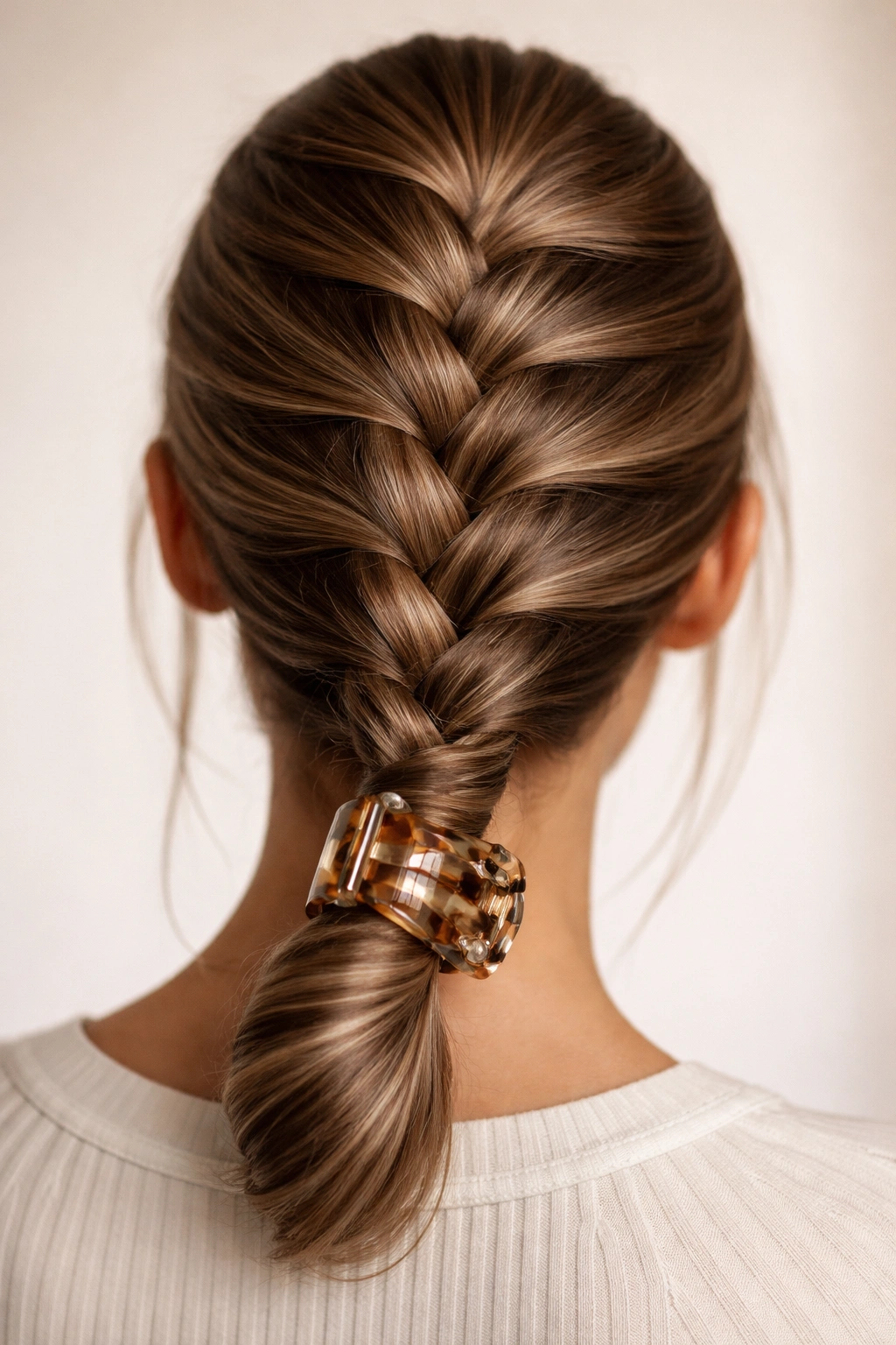 Close-up of a sleek French braid with a tight twist and claw clip securing the tail.