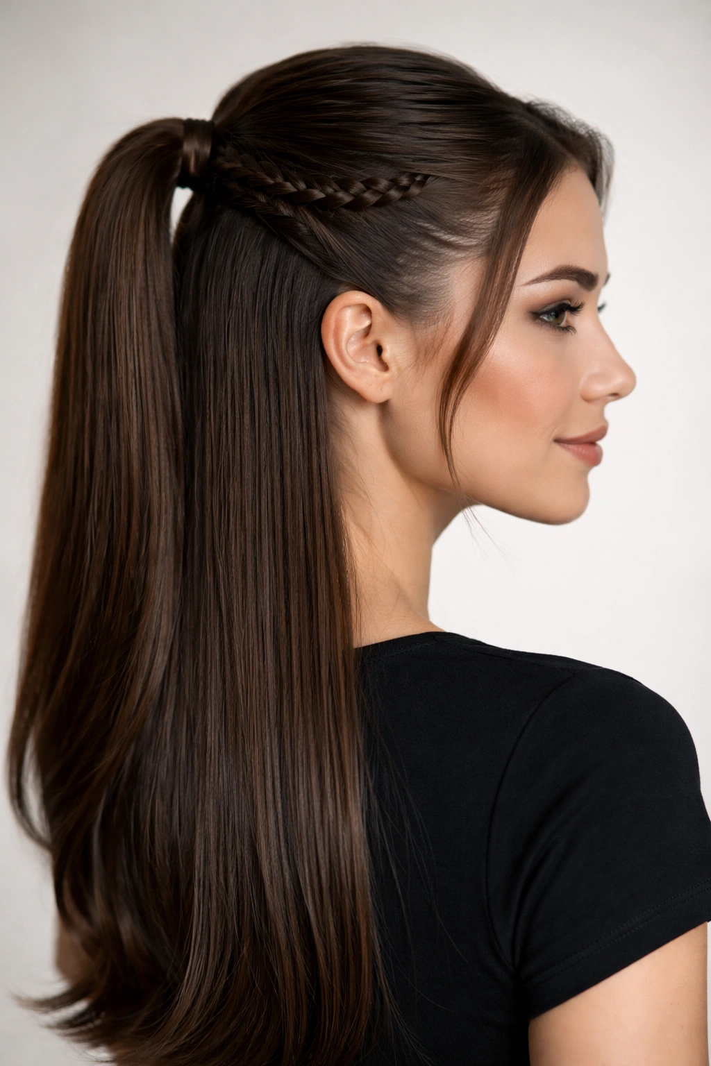 Sleek braided half ponytail with a tight French or Dutch braid.