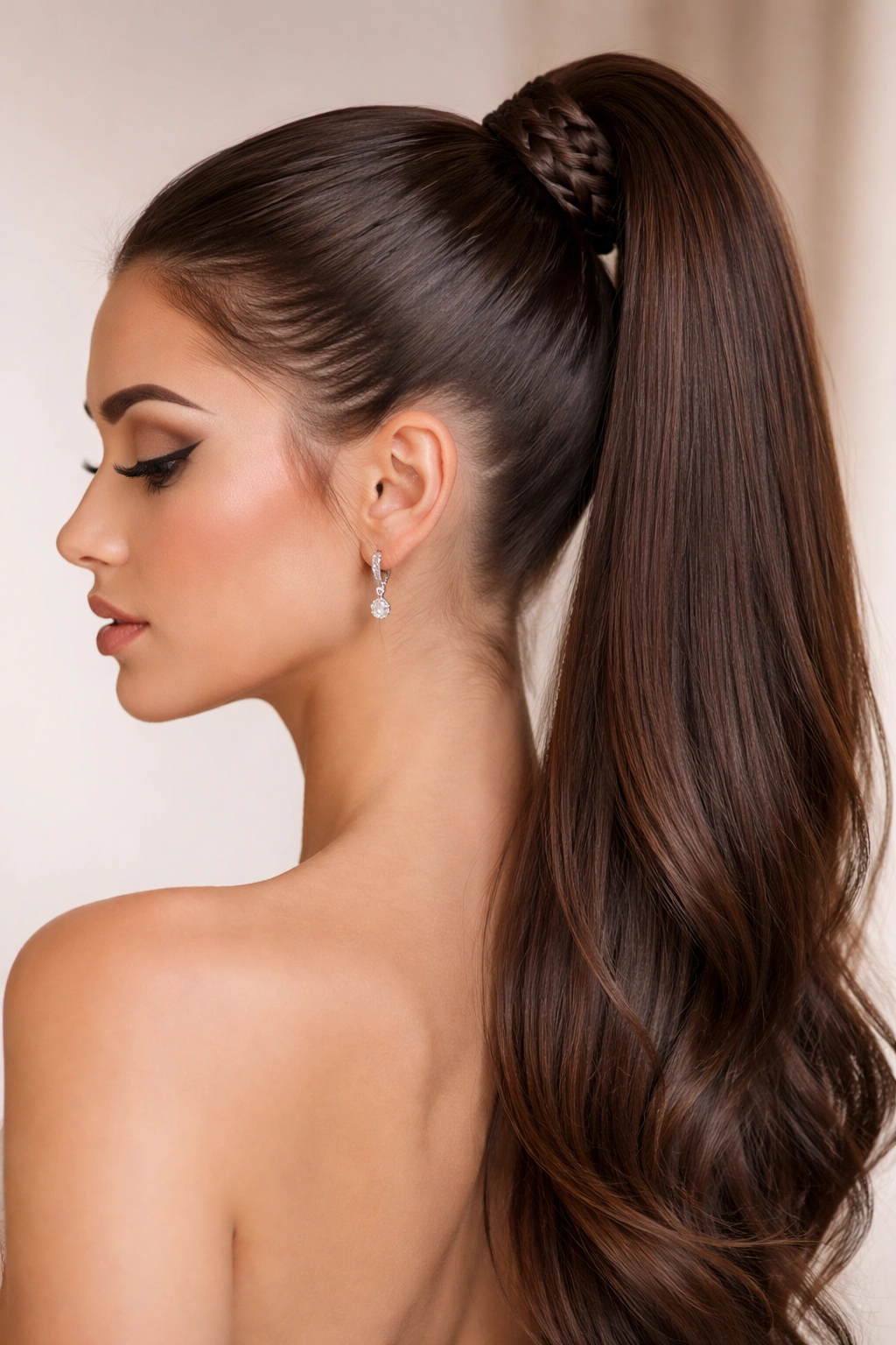 Sleek high ponytail with braided element wrapped around base