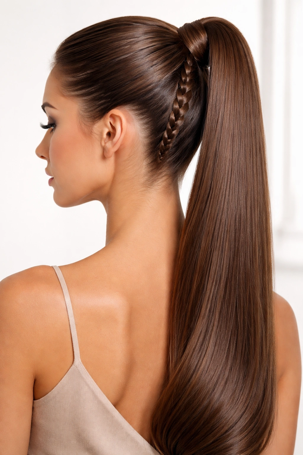 Sleek high ponytail with a neat braided wrap around base