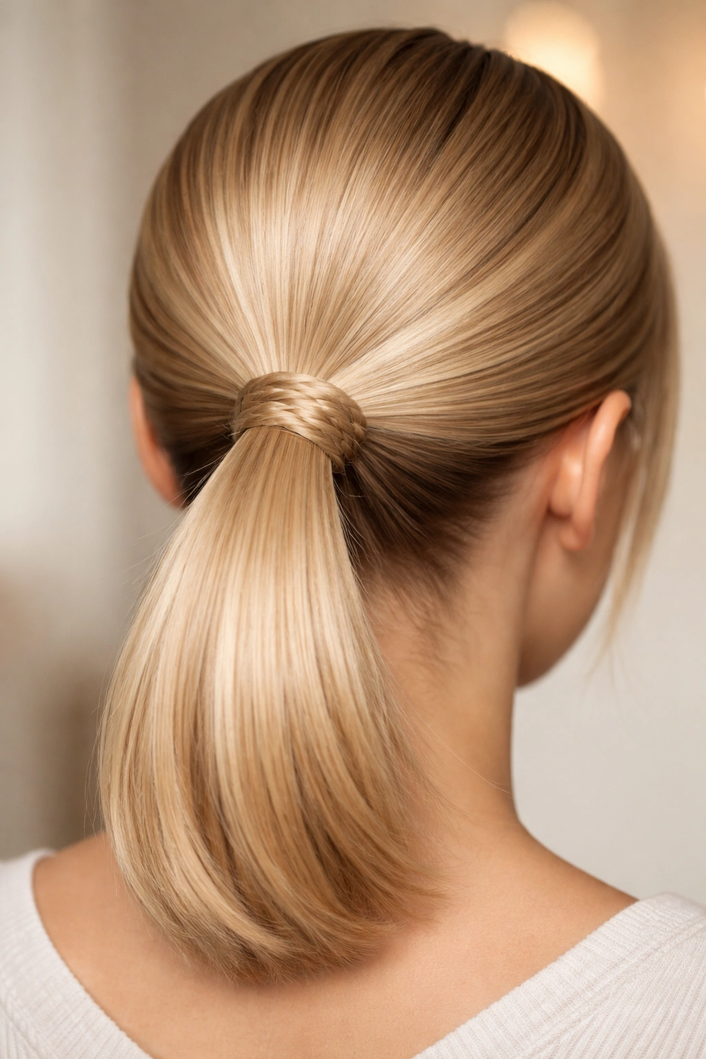 Close-up of Sleek Braided Wrap Pony with a wrapped braid around the elastic
