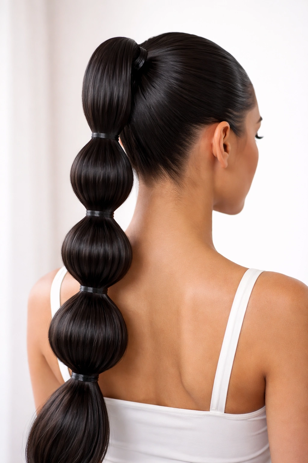 Sleek bubble weave ponytail with clean lines and glossy finish