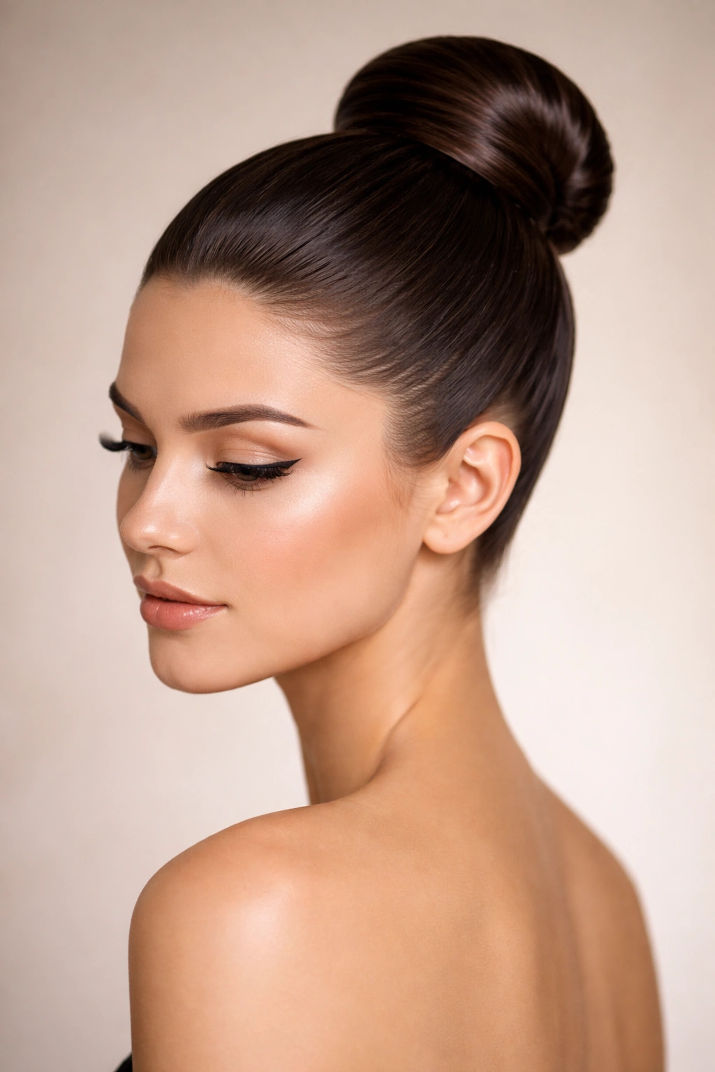 Close-up of a sleek, glossy bun at the crown of a head with smooth straight hair