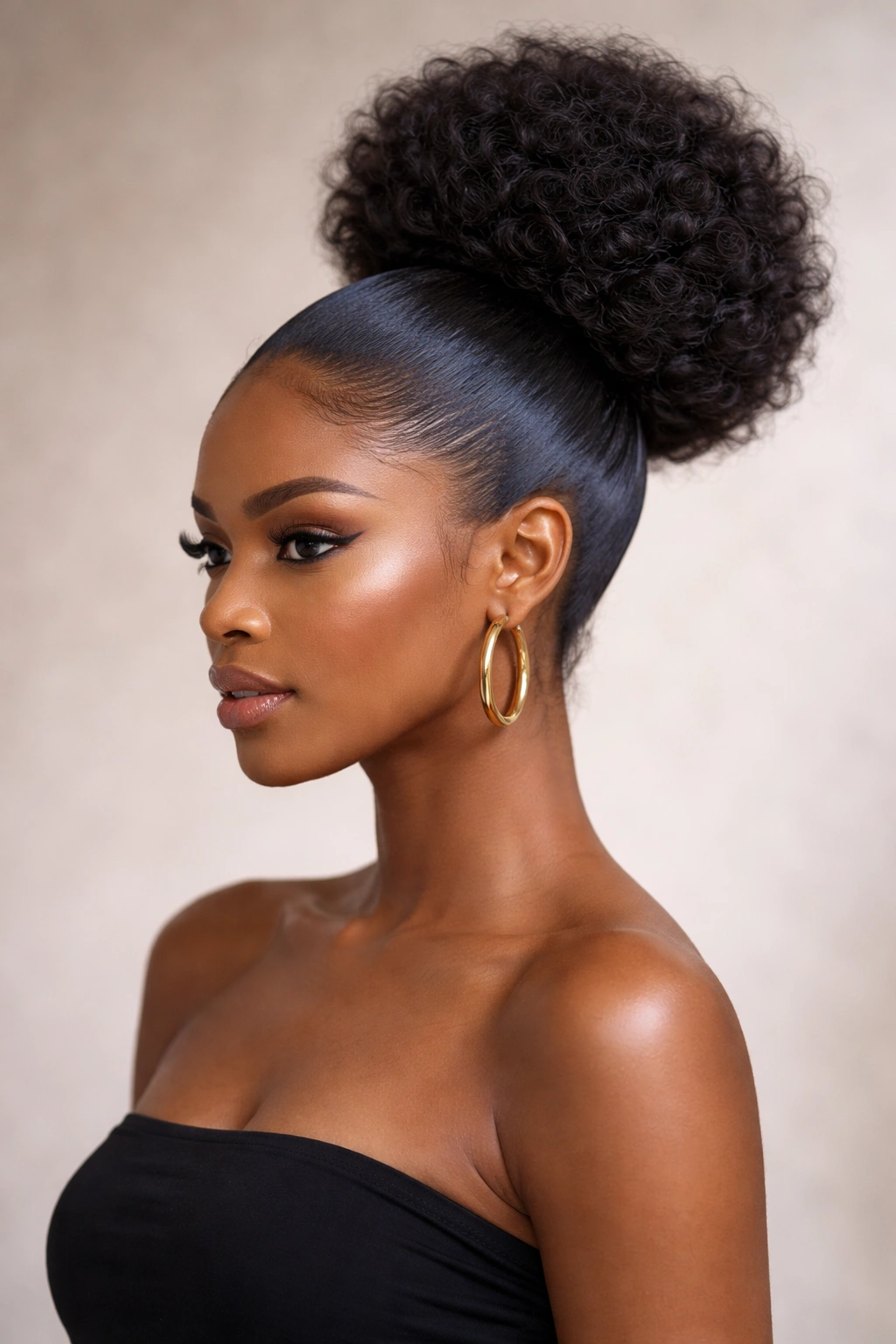 Profile of a Black woman with a sleek high bun and voluminous crown