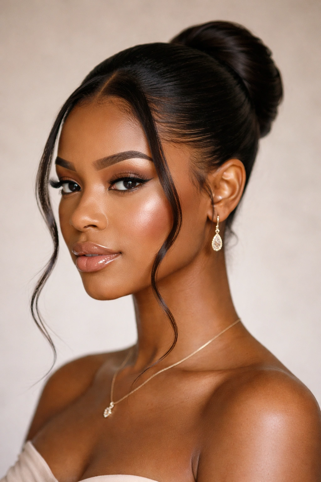 Close-up of Sleek Bun with Loose Face-Framing Pieces showing a smooth bun and soft temple strands