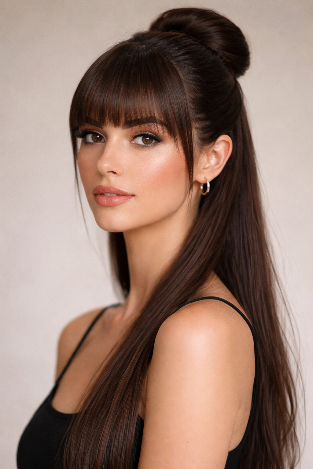 Sleek bun half-up with straight-across bangs portrait