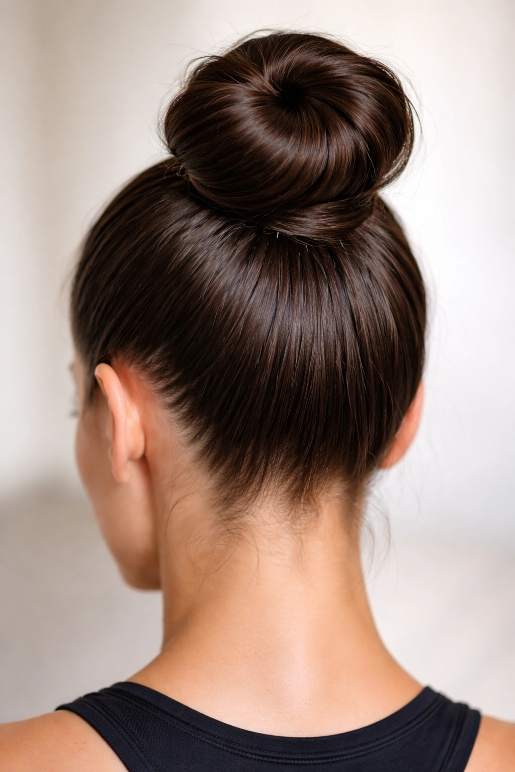 High sleek bun with hidden bobby pins securing hair