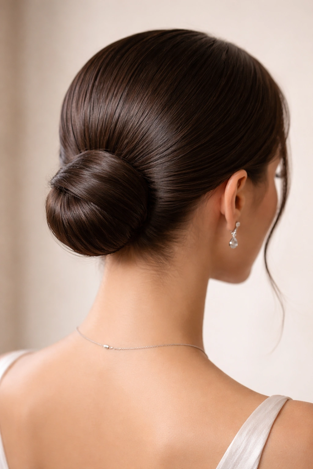 Close-up of sleek low bun with hidden pins at the nape
