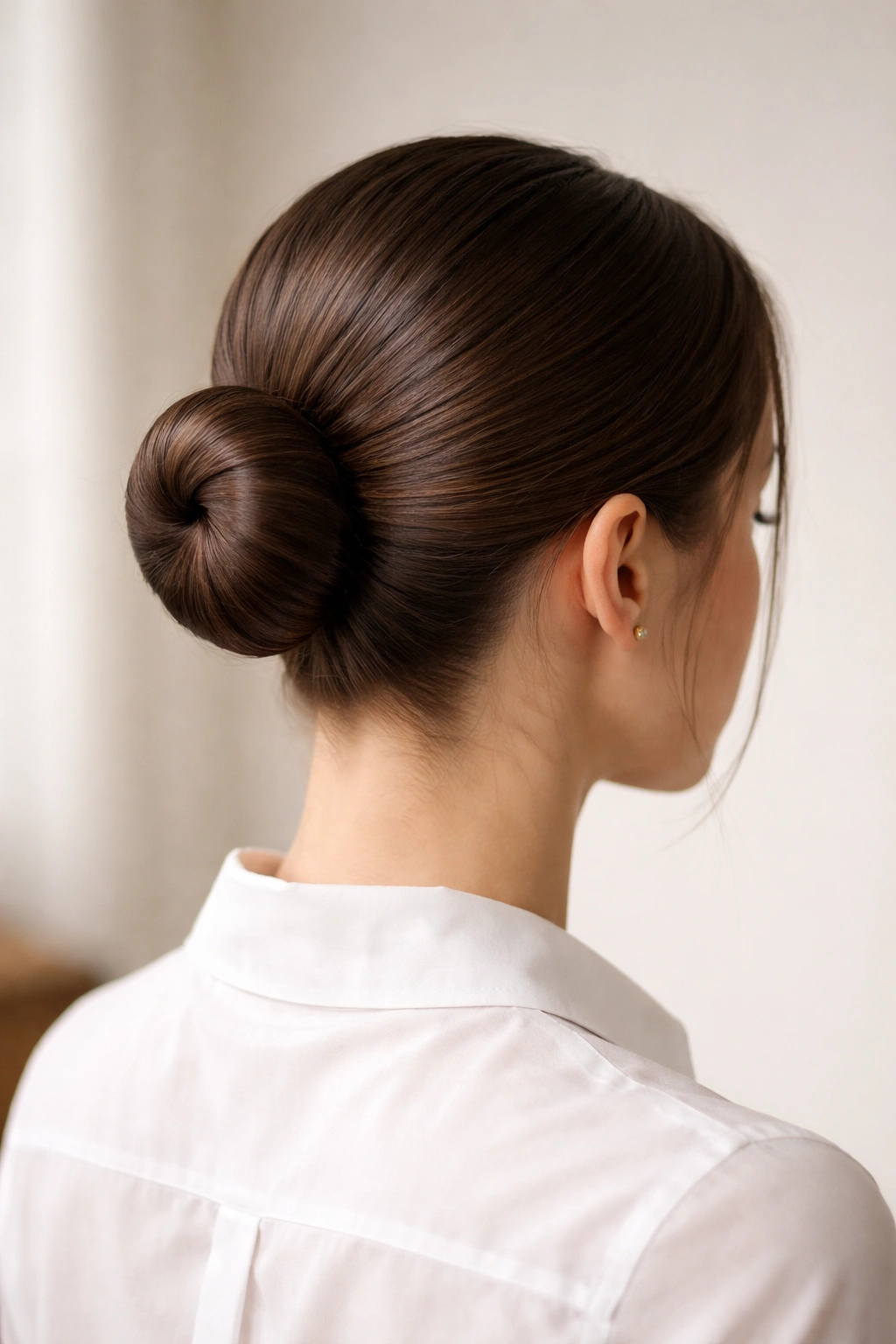 Tight, minimalist sleek bun on straight hair