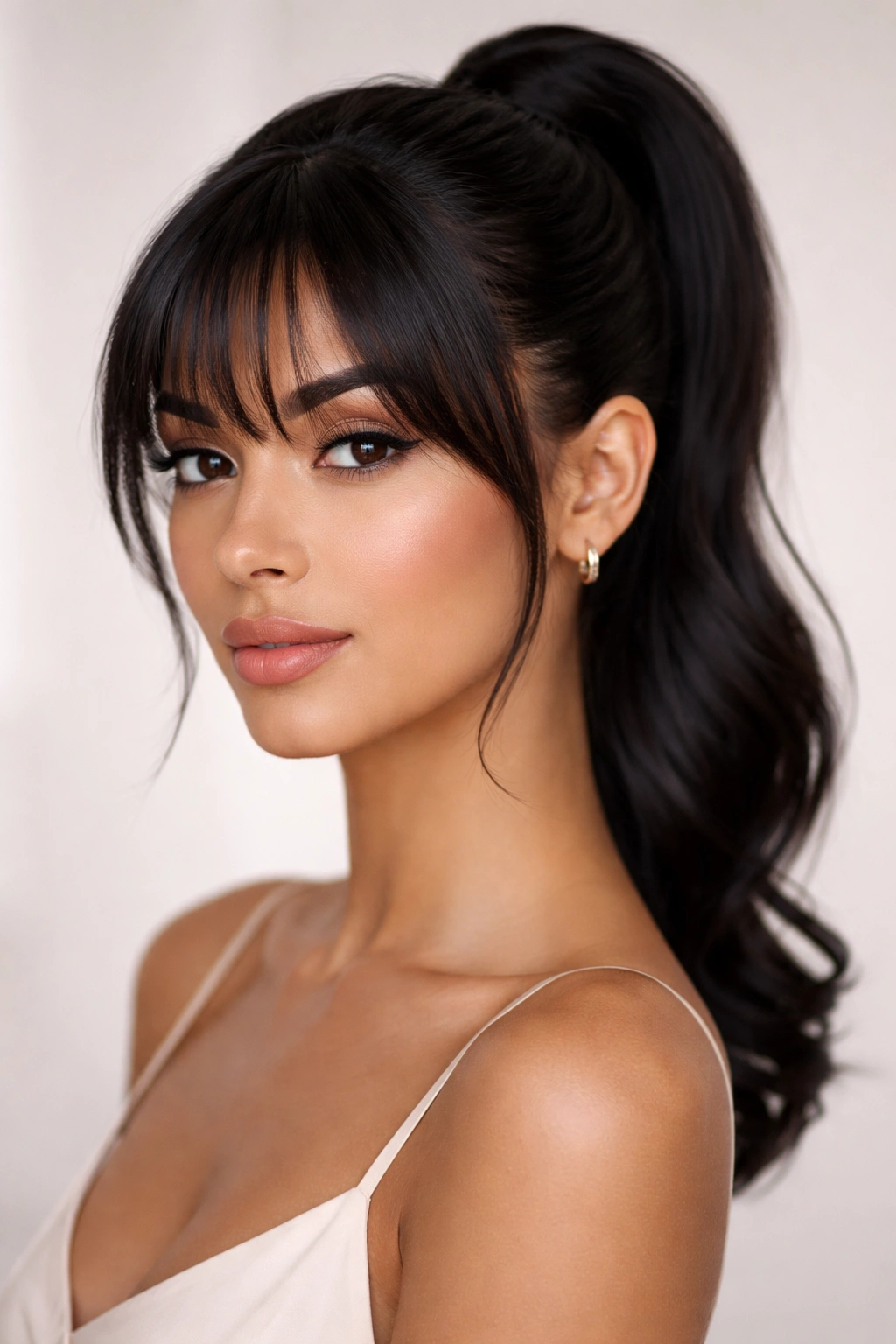 Sleek bun ponytail with feathered bangs in a clean studio setting