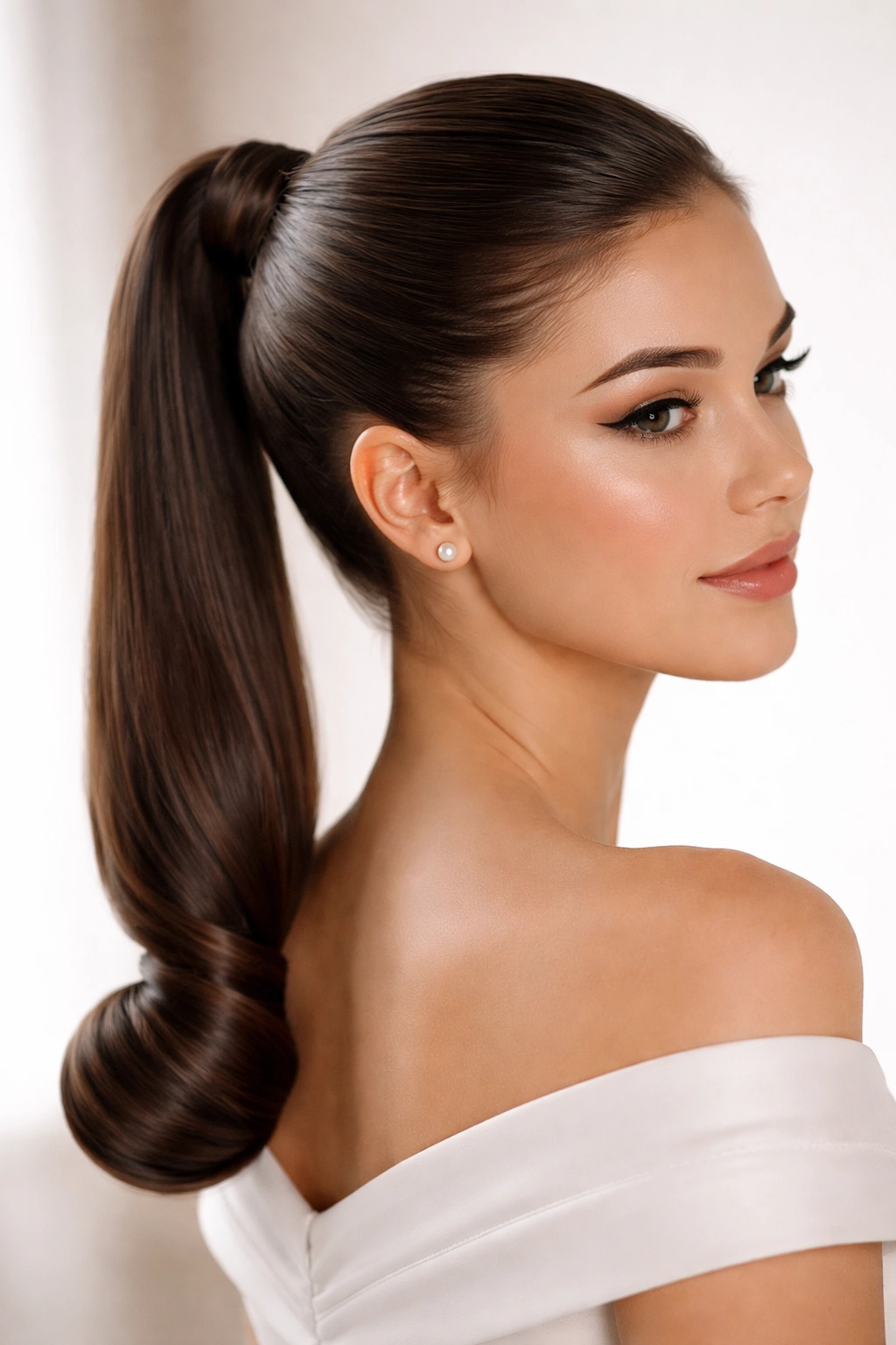 Close-up of a sleek bun ponytail with a glossy, tight finish