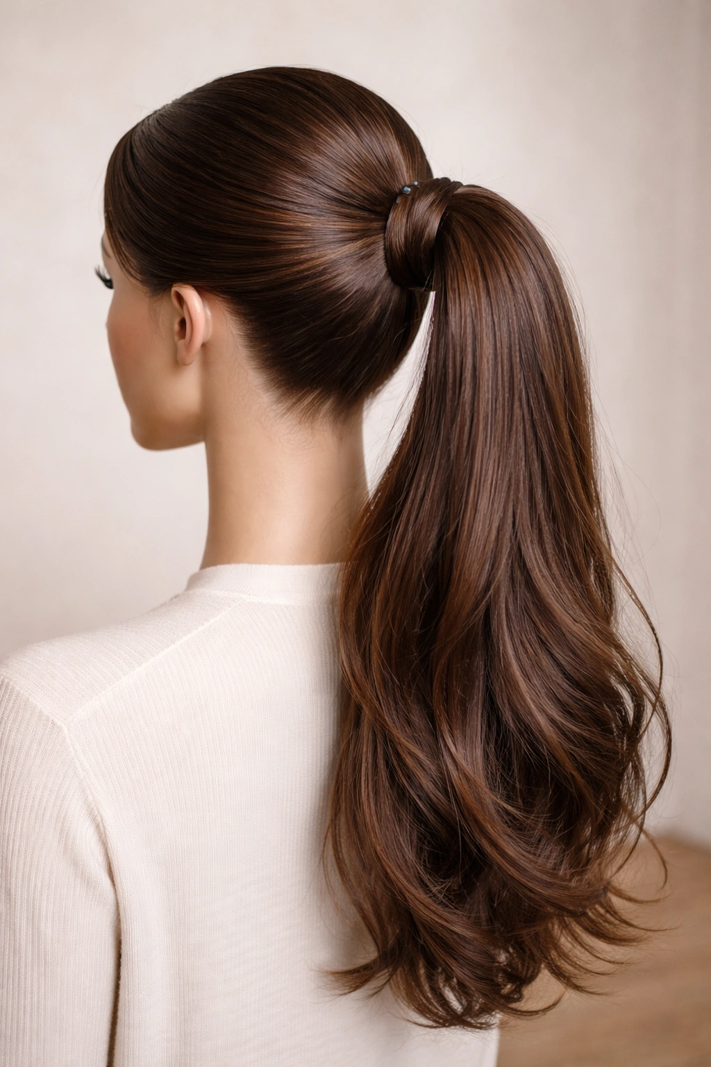 Clip-in bun-ponytail hybrid on head form with smooth front bun and attached ponytail
