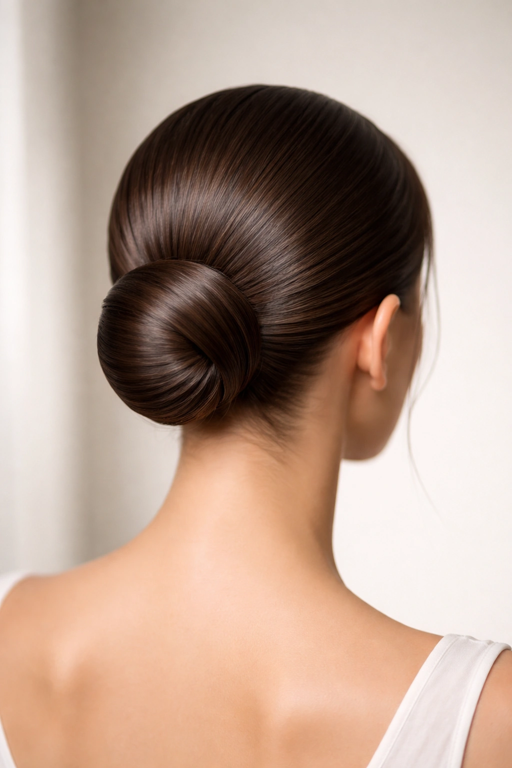 Back view of a glossy, smooth bun at the nape of straight hair