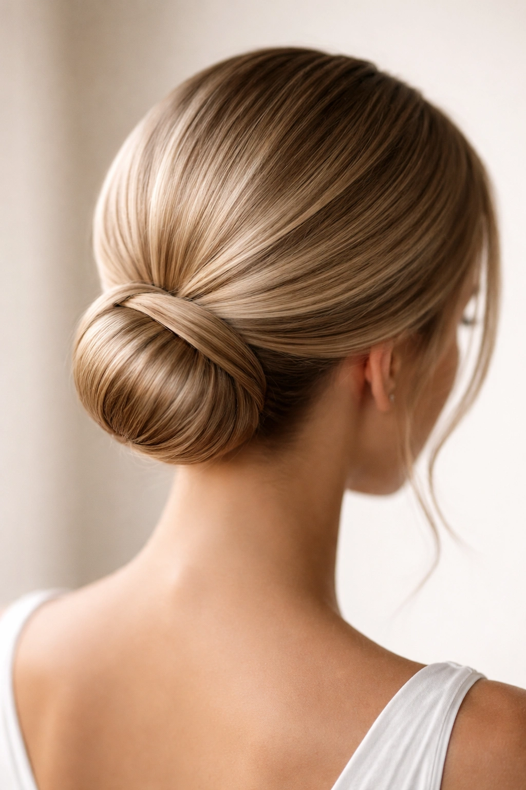 Close-up of The Sleek Low Bun with One Twisted Accent showing a twisted detail around a polished bun