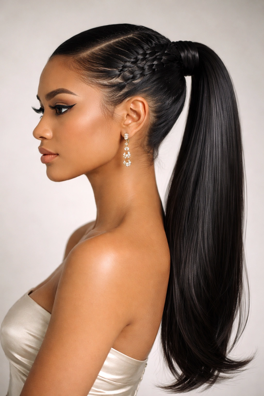 Profile view of sleek side ponytail with diagonal butterfly braid