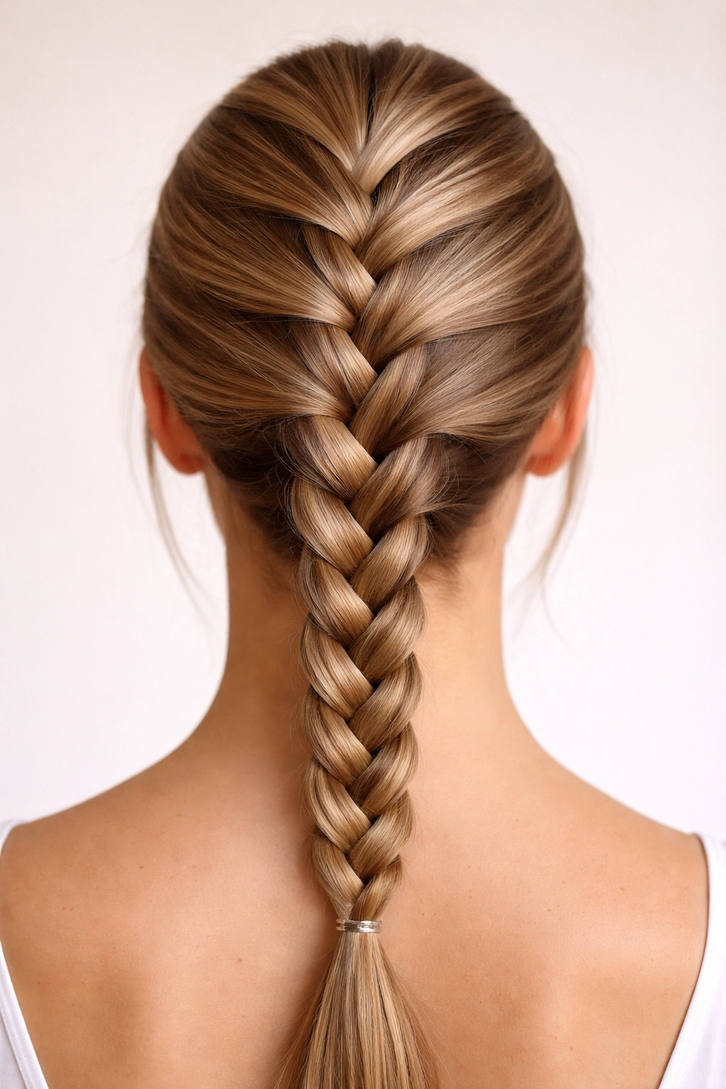 Head-on view of sleek center-part French braid along crown