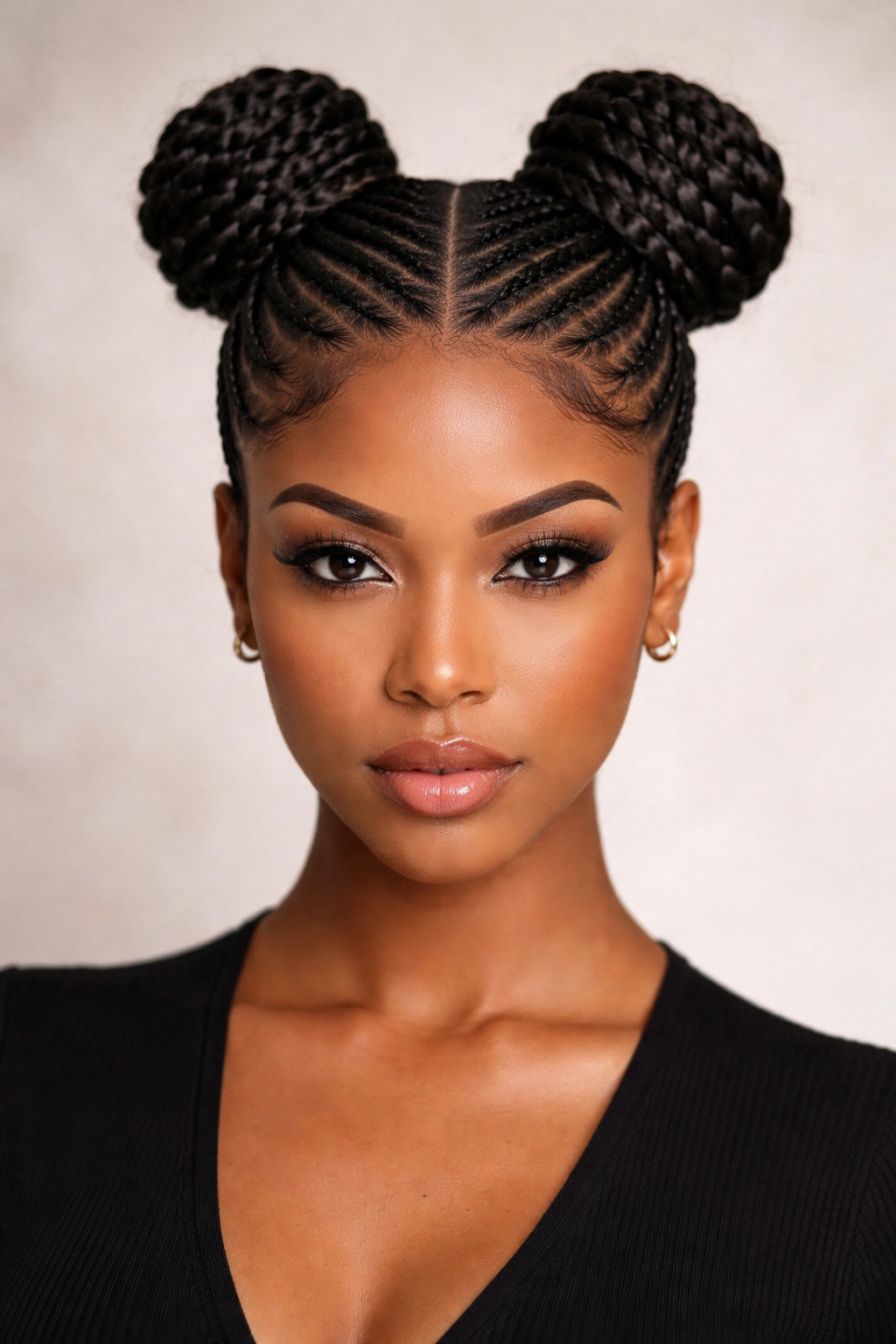 Symmetrical center part cornrows leading into sleek buns