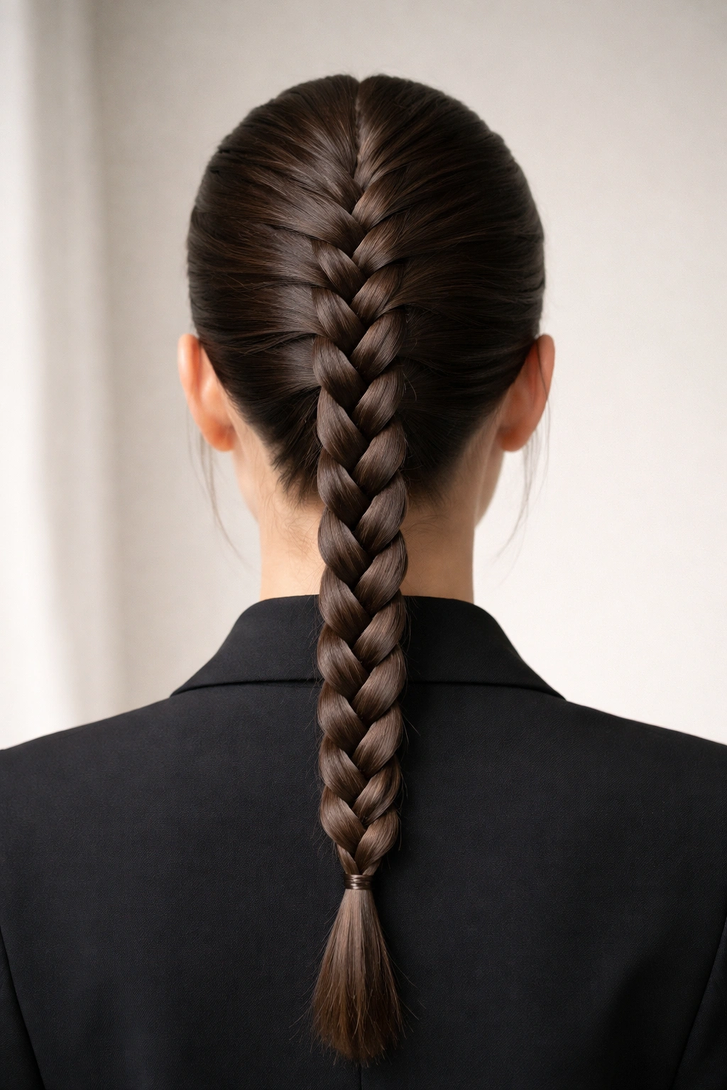 Center-part French braid running down the middle of the head in a sleek, formal hairstyle