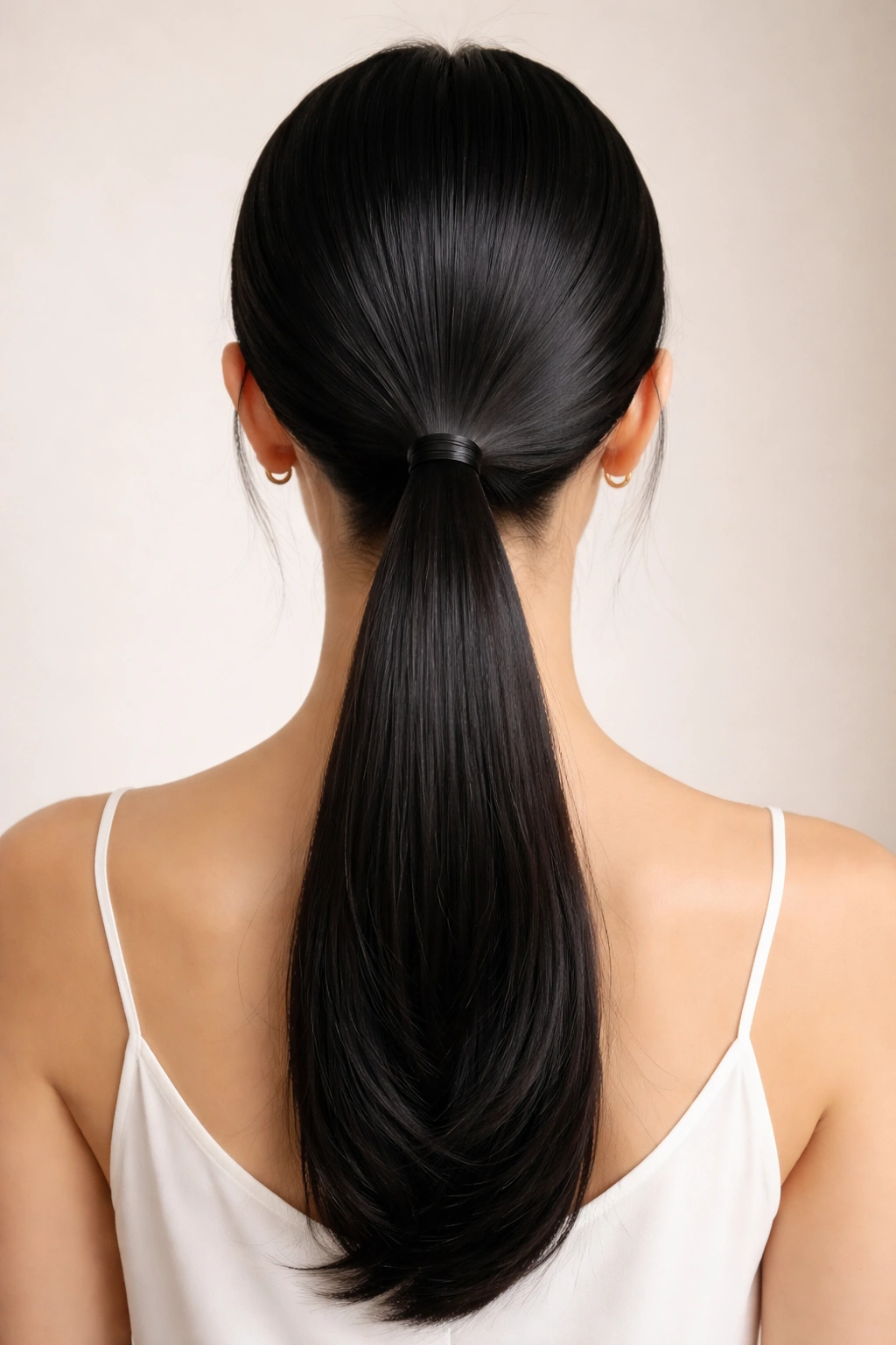 Back view of sleek center-part low ponytail