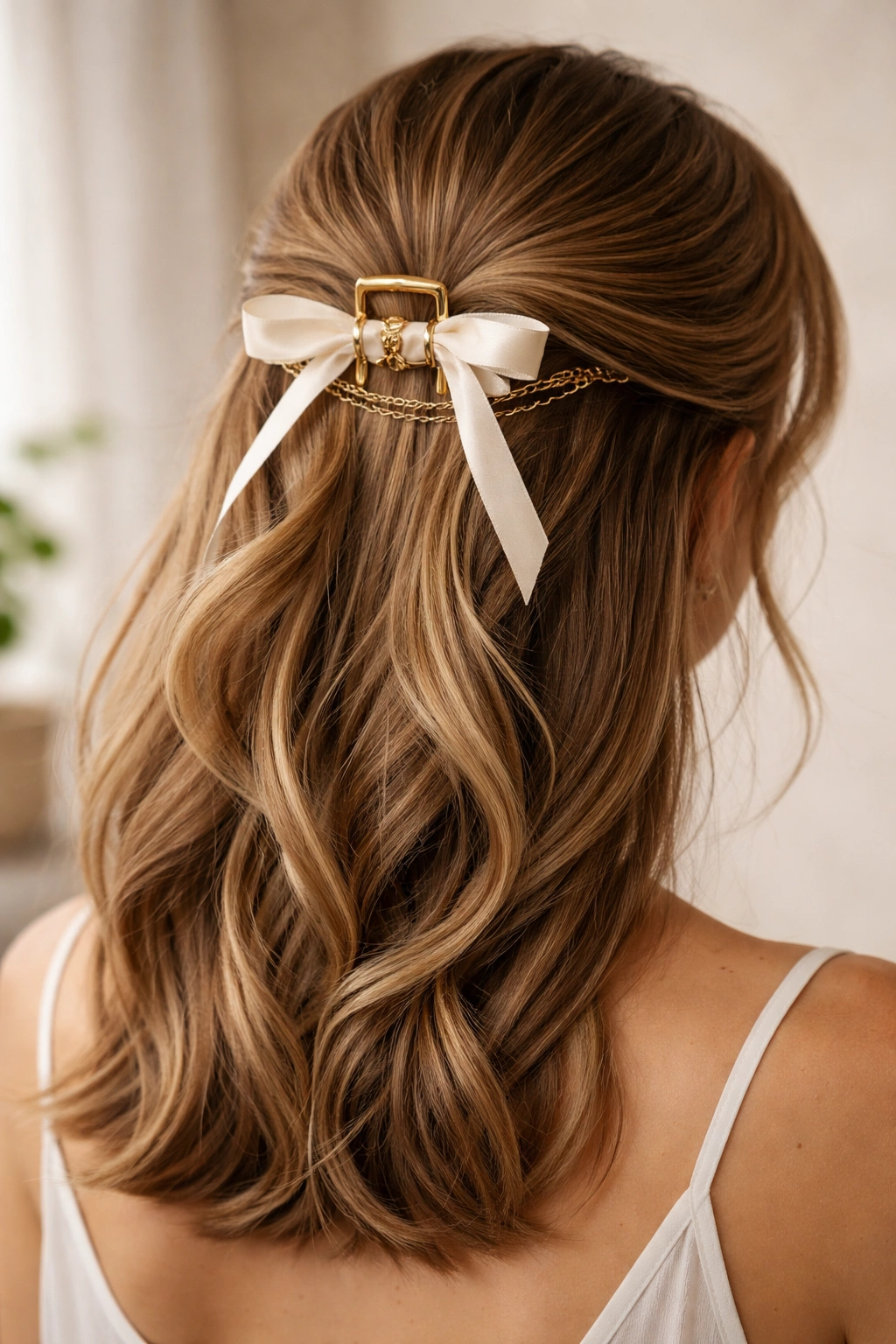 Sleek half-up hairstyle with claw clip and delicate ribbon and chain accent