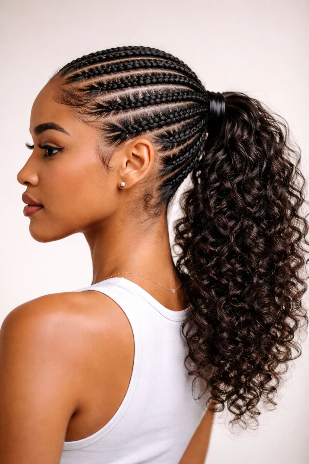 Sleek flat cornrows meeting a curly tail ponytail against a neutral backdrop