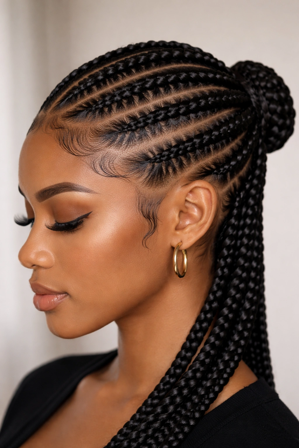 Close-up of sleek feed-in cornrows with defined edges along a polished hairline in studio lighting