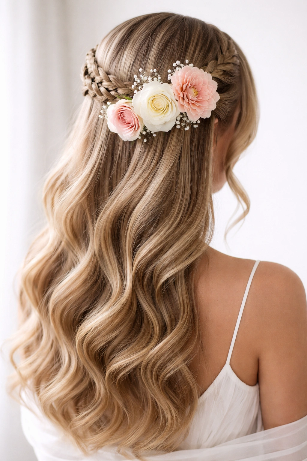 Sleek crown braid with large statement flowers and smooth waves