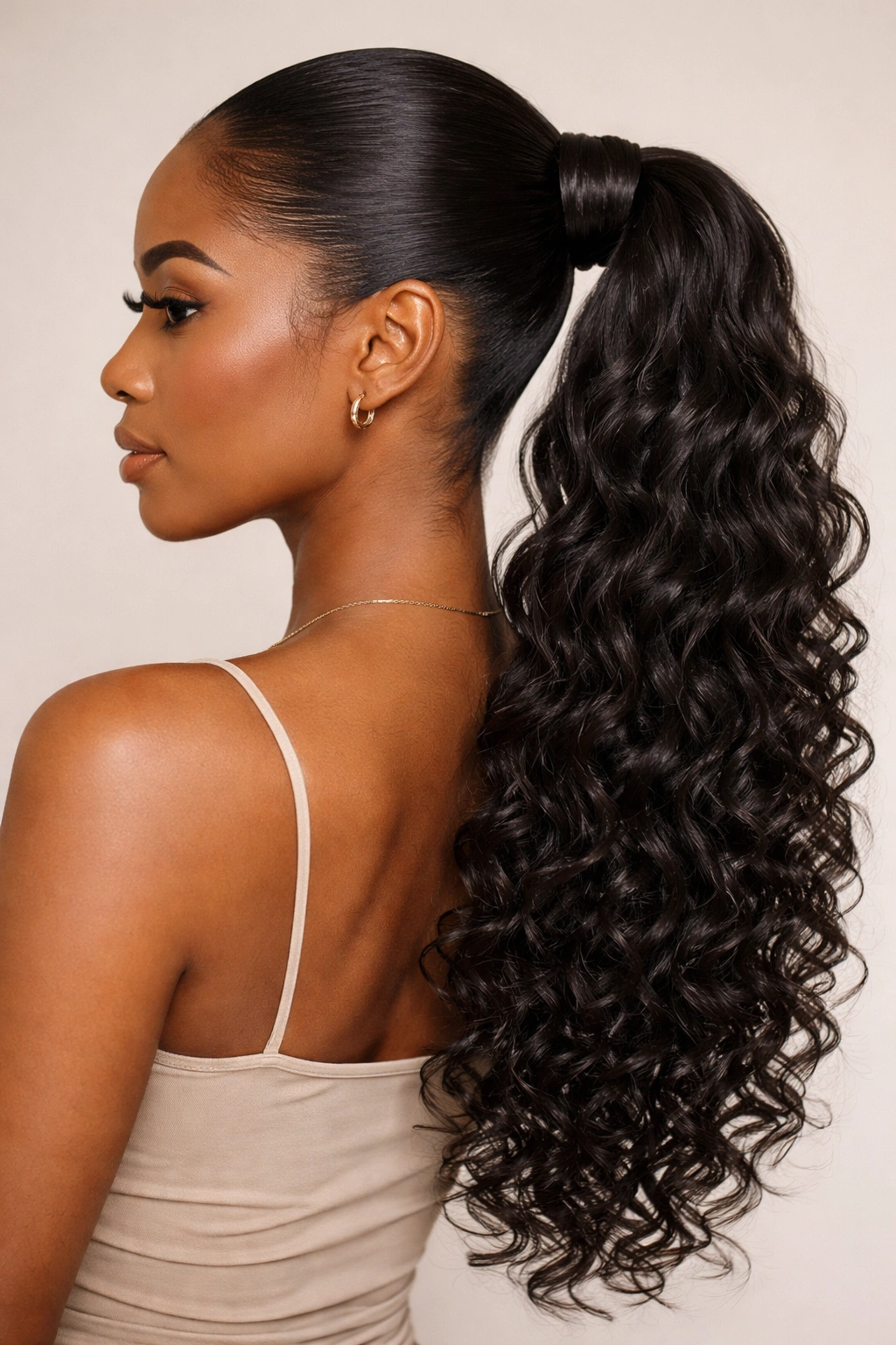 Sleek curly ponytail with a weave wrap around the elastic