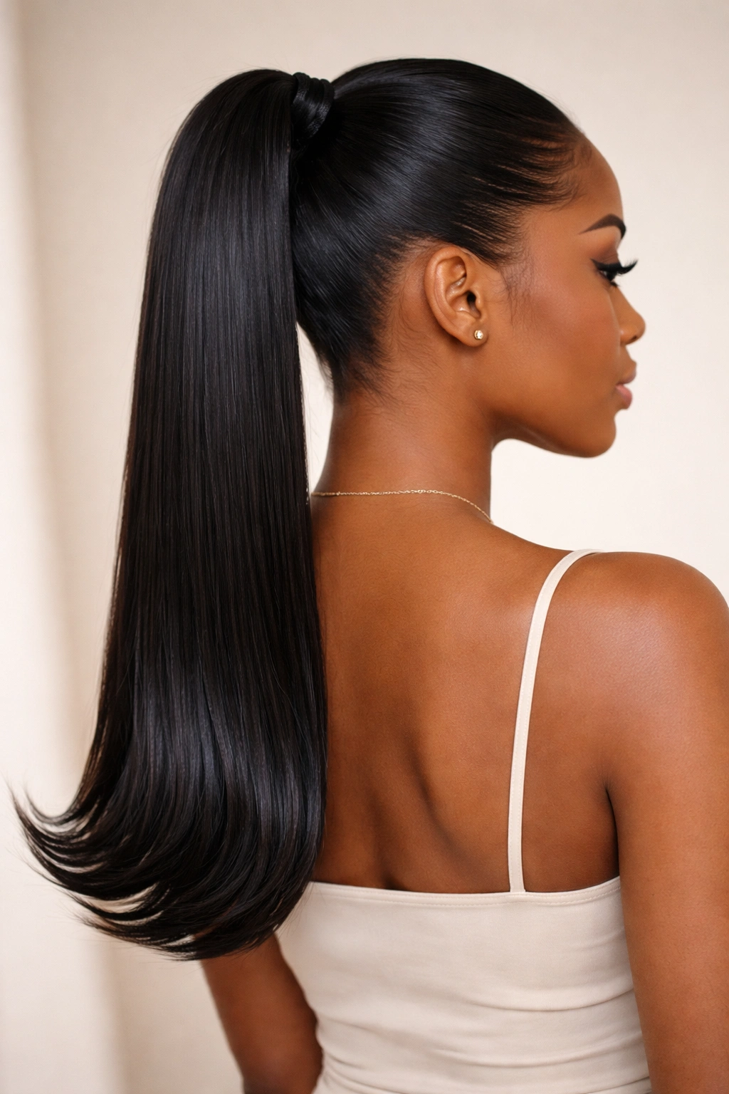 Sleek straight ponytail with a curved outward bottom section